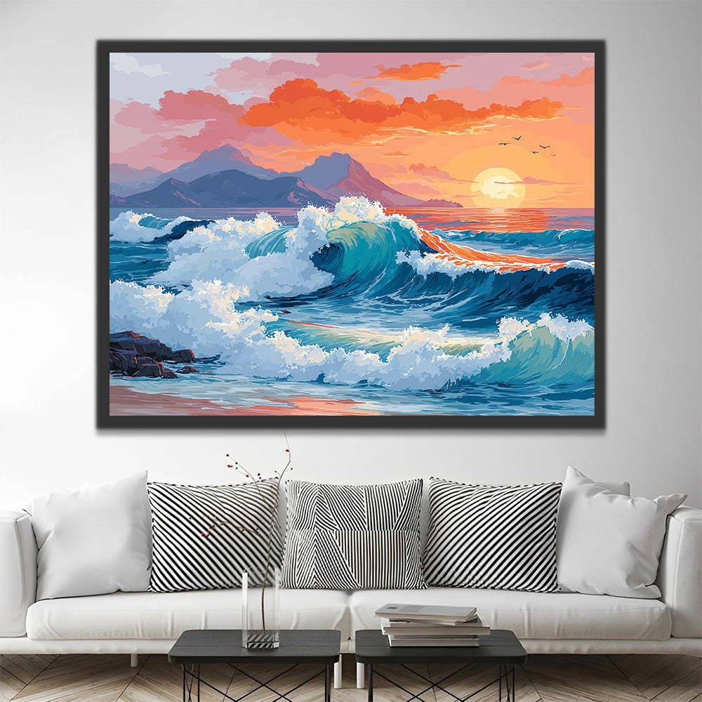 Vagues Déchaînées au Coucher du Soleil Peinture par Numéros