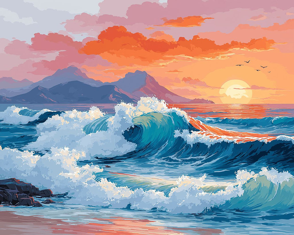 Vagues Déchaînées au Coucher du Soleil Peinture par Numéros