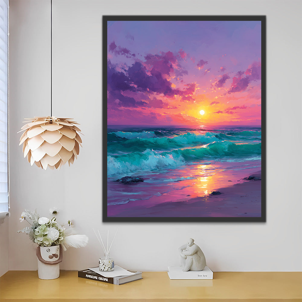 Vagues sous les Nuages Rosés Peinture par Numéros