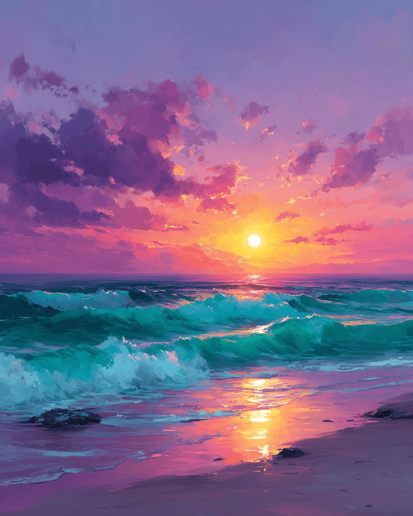 Vagues sous les Nuages Rosés Peinture par Numéros