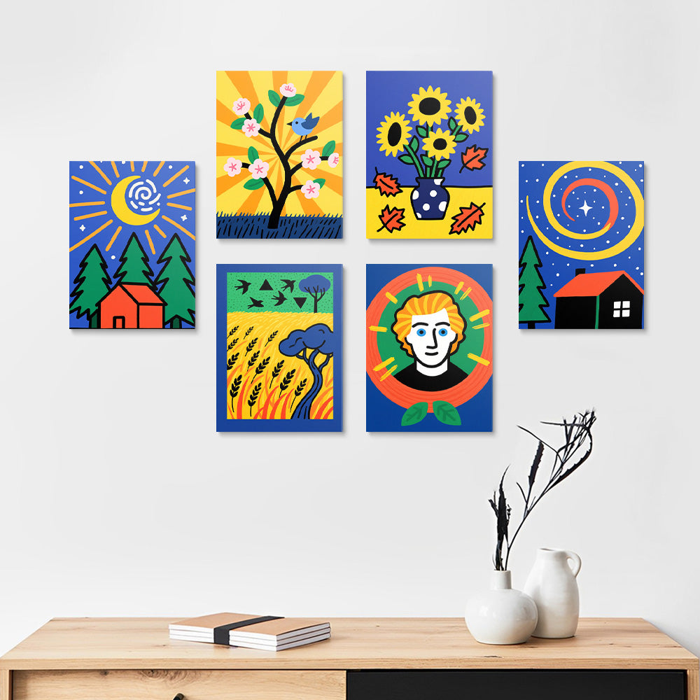 Version Cartoon des Peintures de Van Gogh 6 Mini Peintures par Numéros