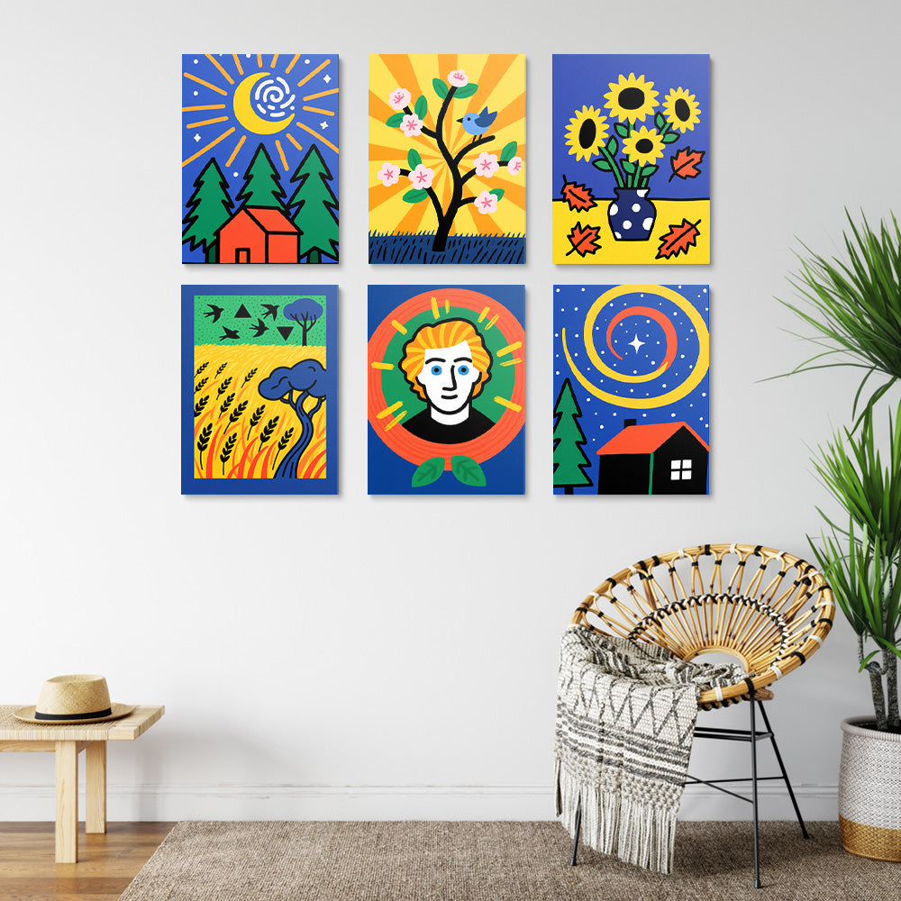 Version Cartoon des Peintures de Van Gogh 6 Mini Peintures par Numéros
