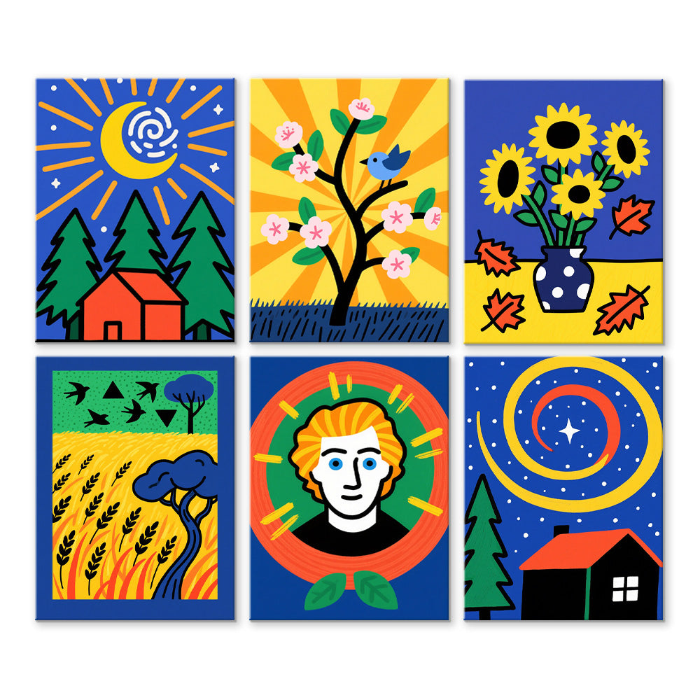 Version Cartoon des Peintures de Van Gogh 6 Mini Peintures par Numéros