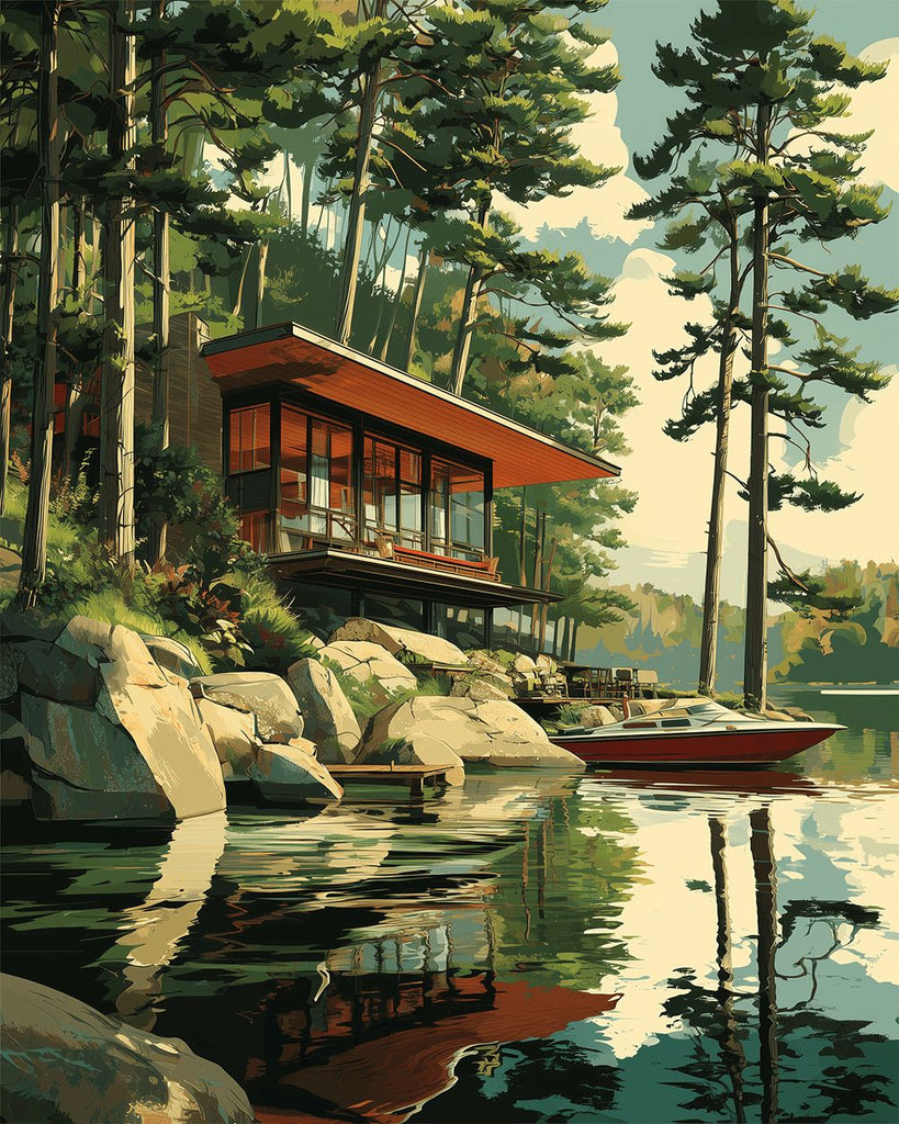 Villa et Yacht au Bord du Lac Peinture par Numéros