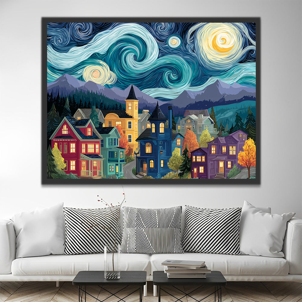 Villas Colorées sous la Nuit Étoilée Peinture par Numéros
