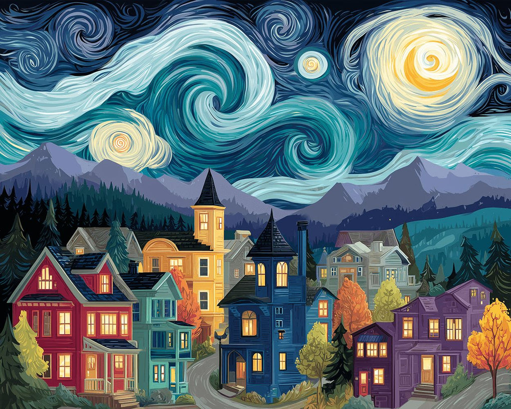 Villas Colorées sous la Nuit Étoilée Peinture par Numéros