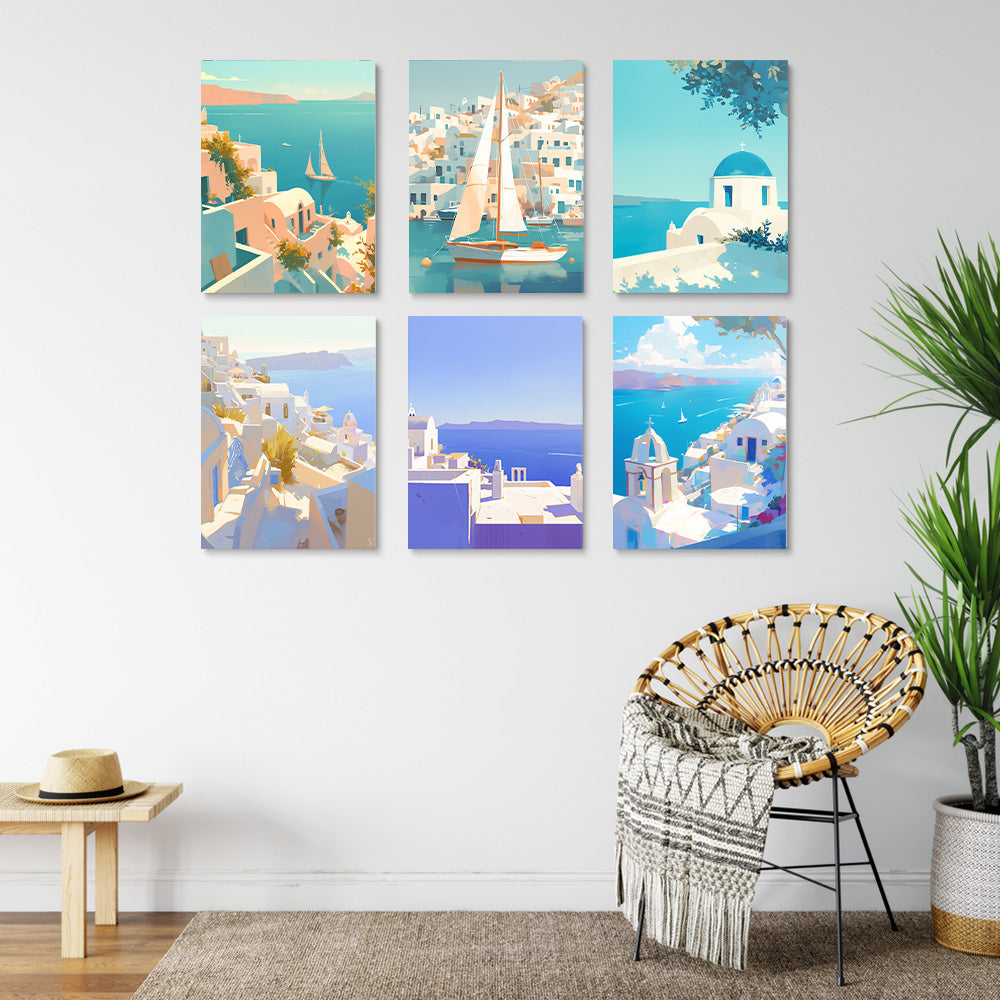 Ville Côtière Ensoleillée 6 Mini Peintures par Numéros