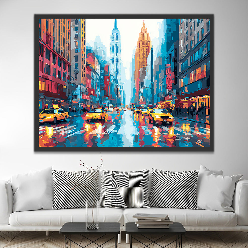 Ville Moderne et Taxi sous la Pluie Peinture par Numéros