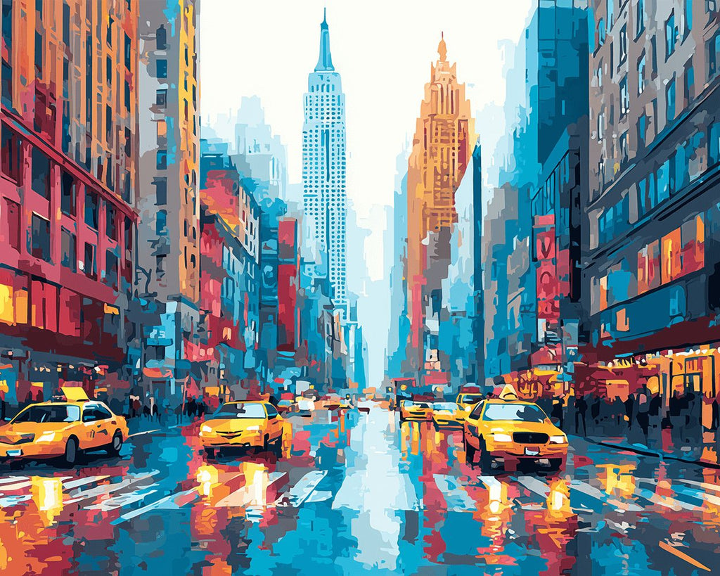 Ville Moderne et Taxi sous la Pluie Peinture par Numéros
