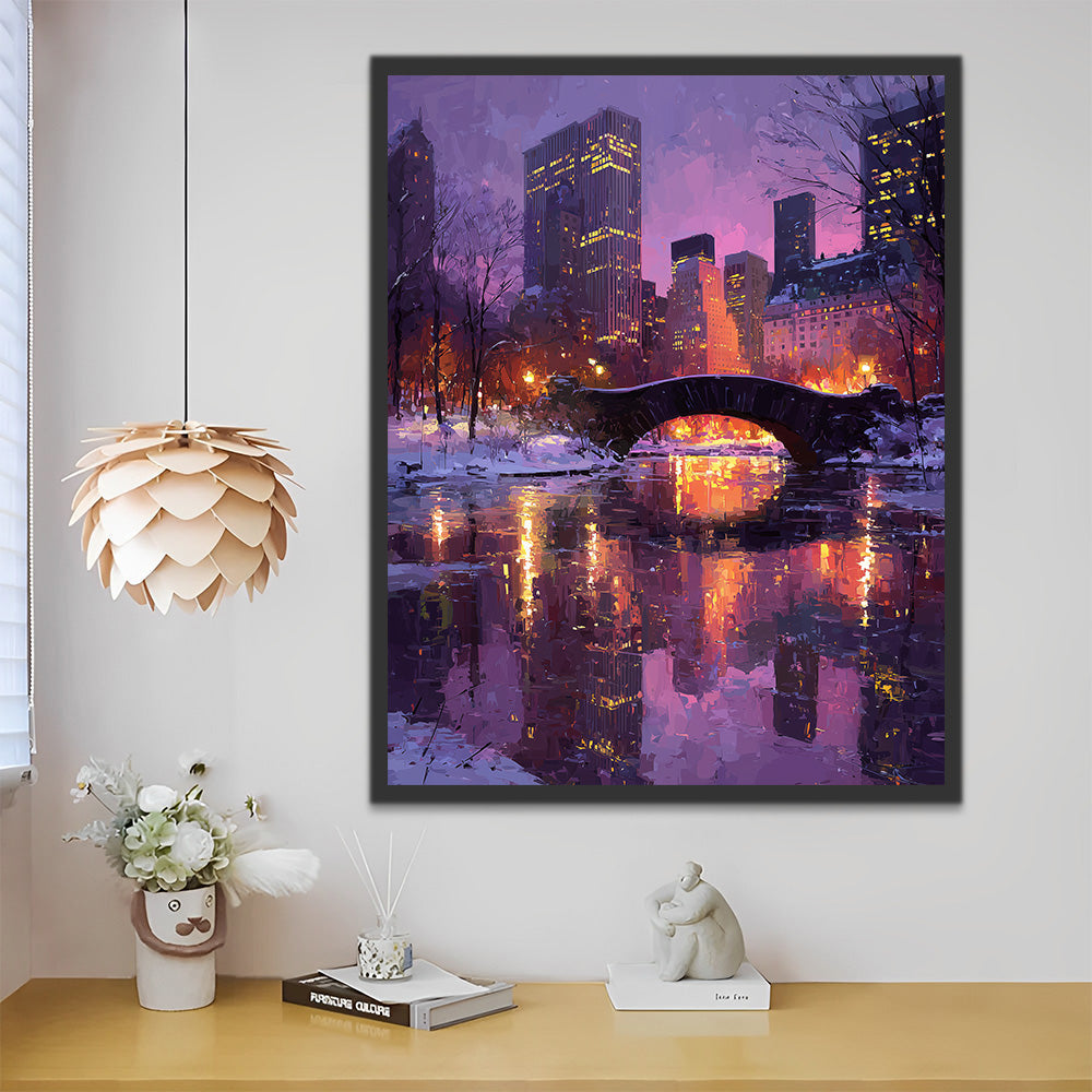 Ville sous la Neige sous le Ciel Violet de Nuit Peinture par Numéros