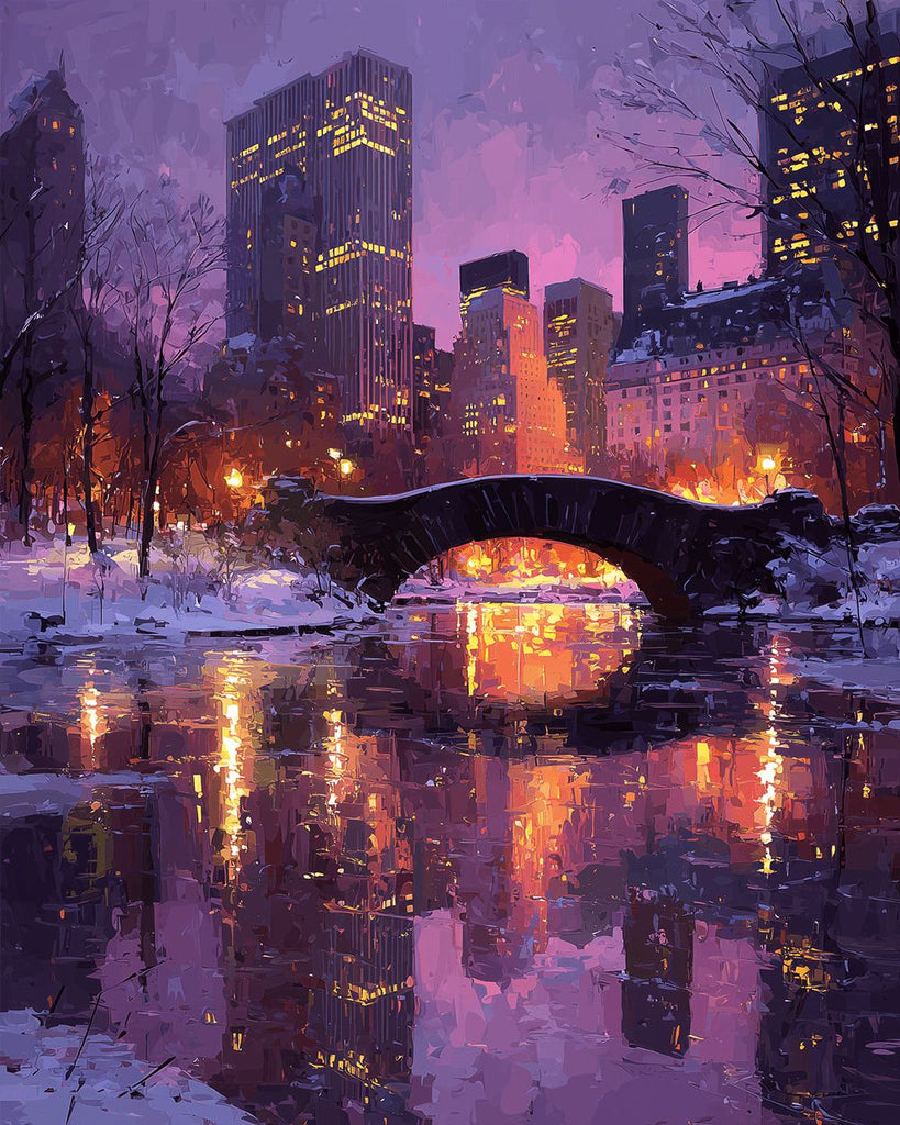 Ville sous la Neige sous le Ciel Violet de Nuit Peinture par Numéros