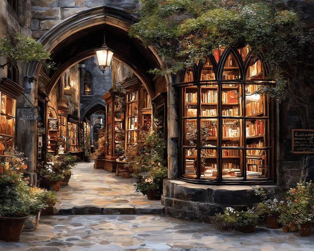 Vitrine de Librairie Européenne Éclairée Peinture par Numéros