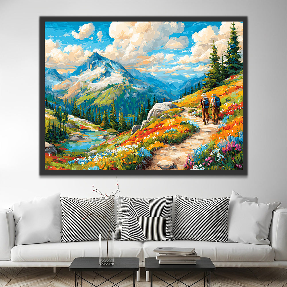Voyageurs sur un Chemin Montagneux Couvert de Fleurs Peinture par Numéros