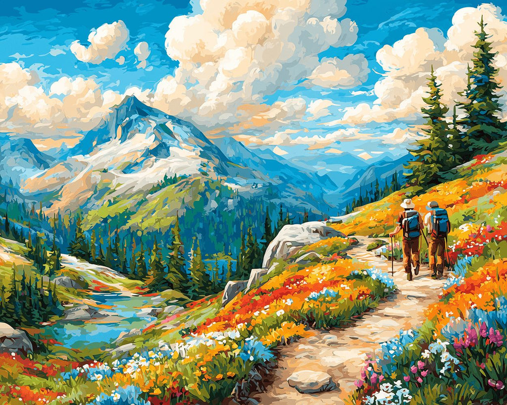 Voyageurs sur un Chemin Montagneux Couvert de Fleurs Peinture par Numéros