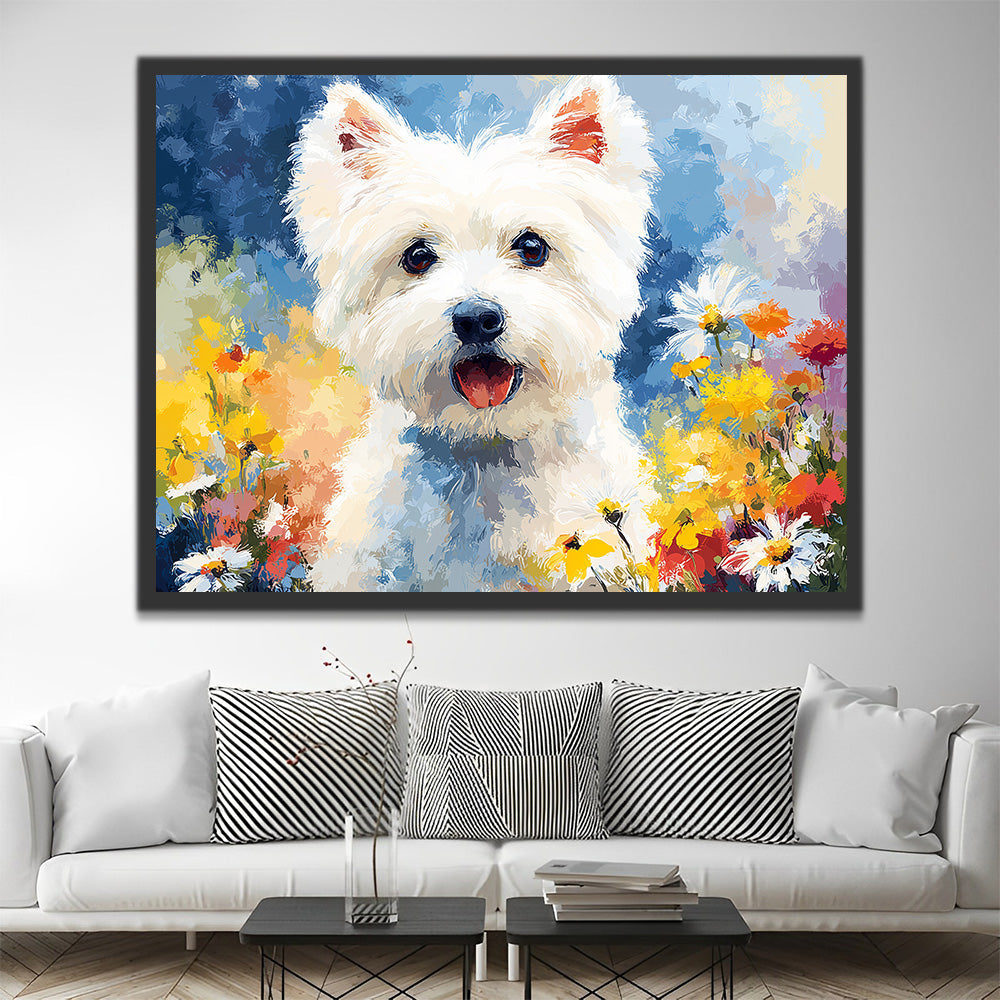 Westie et Marguerites Peinture par Numéros