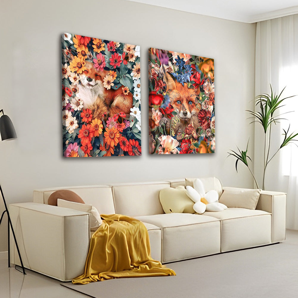 2 Partie Renards Roux et Fleurs Peinture par Numéros