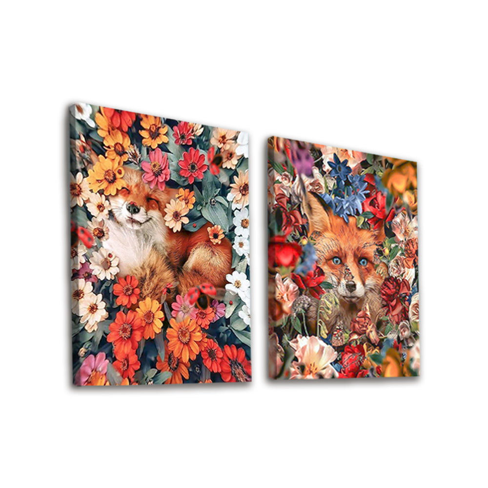 2 Partie Renards Roux et Fleurs Peinture par Numéros