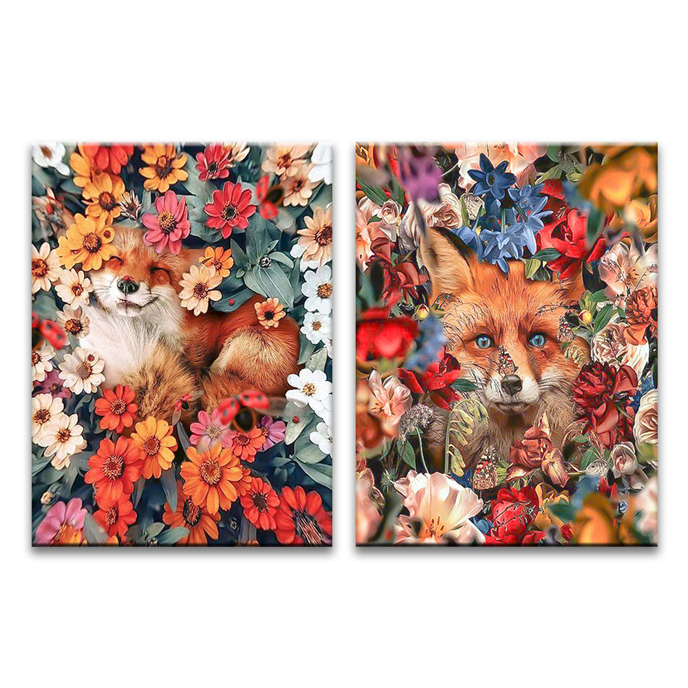 2 Partie Renards Roux et Fleurs Peinture par Numéros