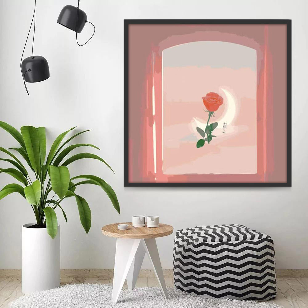 Rose et Fenêtre Rose avec la Lune Peinture par Numéros