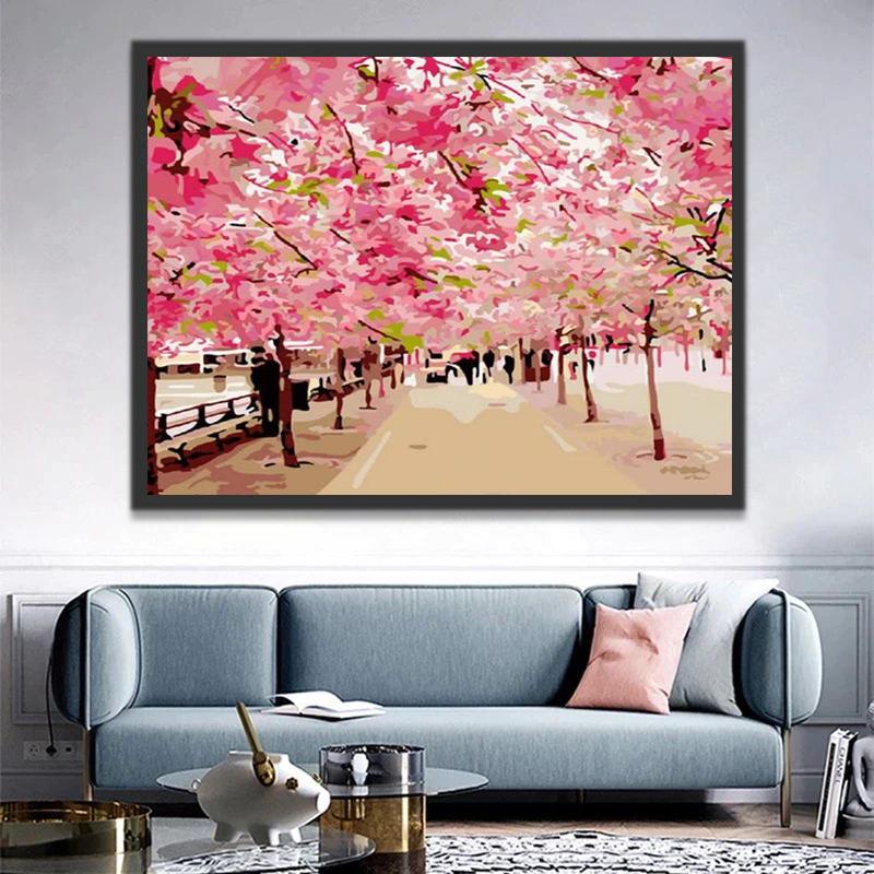 Allée avec des Fleurs Roses Peinture par Numéros