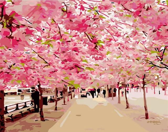 Allée avec des Fleurs Roses Peinture par Numéros