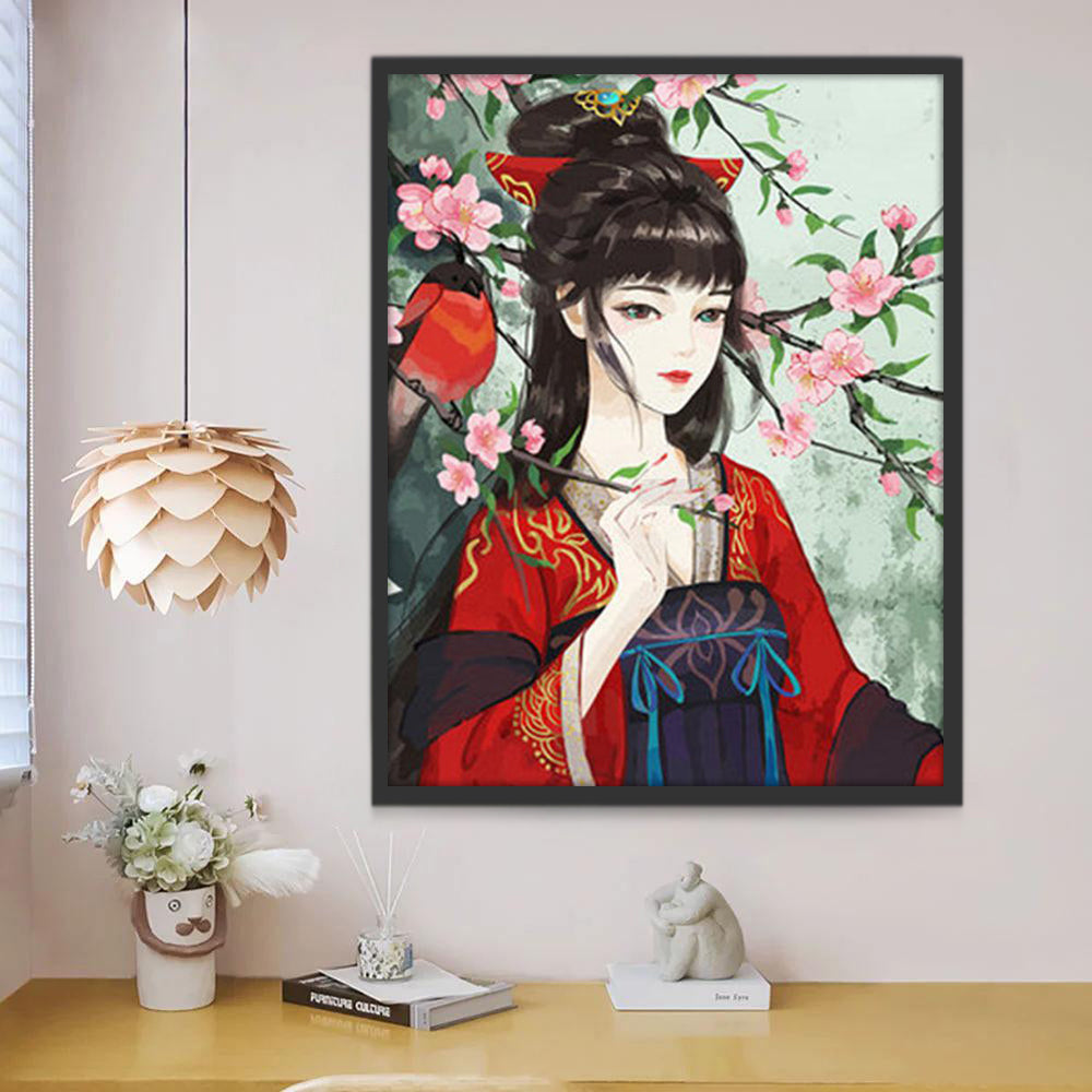 Ancienne Femme Chinoise en Robe Rouge Peinture par Numéros