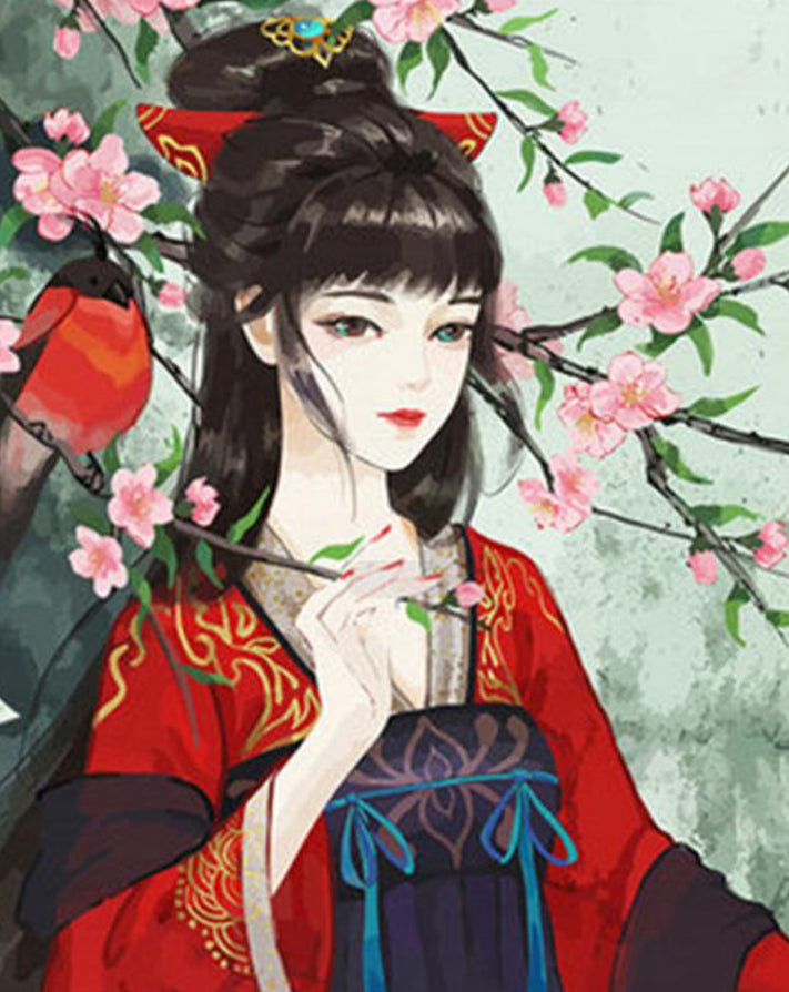Ancienne Femme Chinoise en Robe Rouge Peinture par Numéros