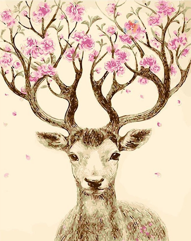 Animal Cerf et Fleurs Roses Peinture par Numéros