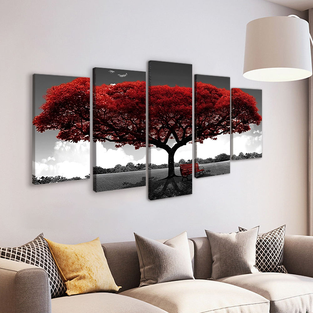 Arbre et Banc Rouges 5 Partie Peinture par Numéros