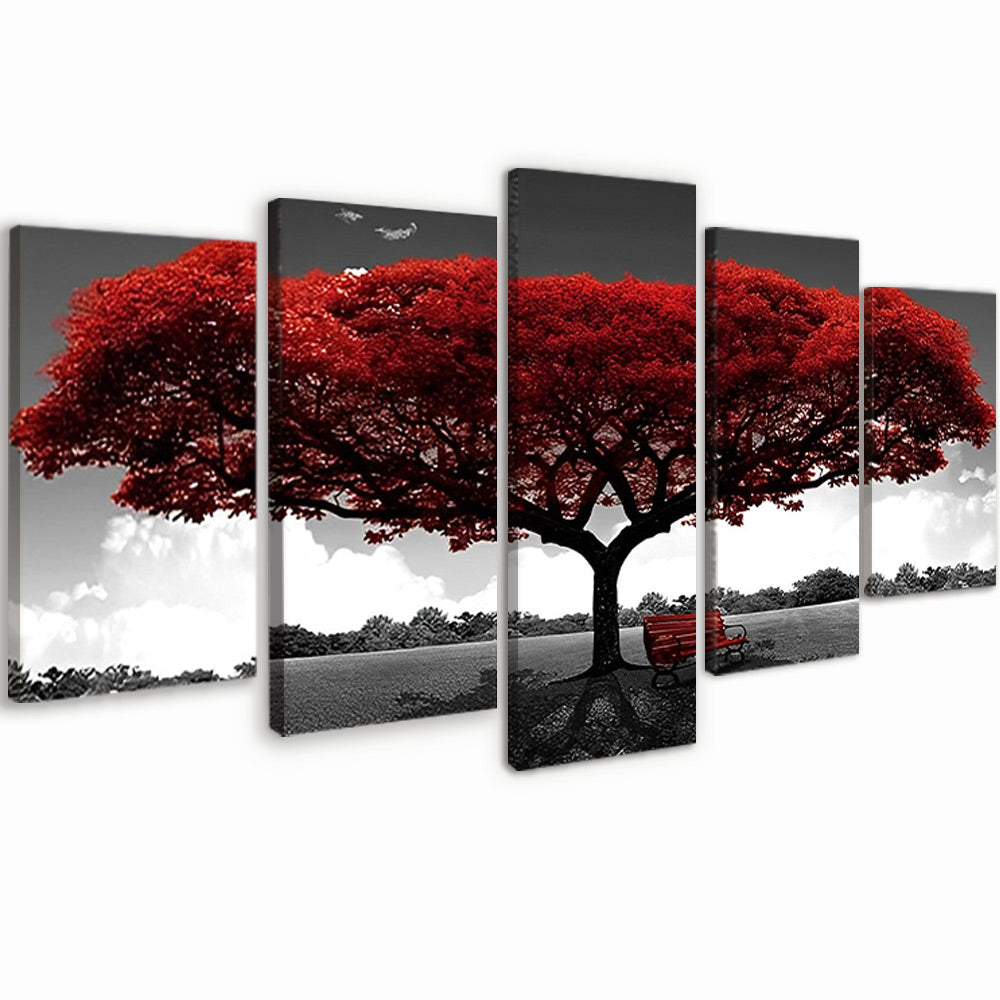 Arbre et Banc Rouges 5 Partie Peinture par Numéros