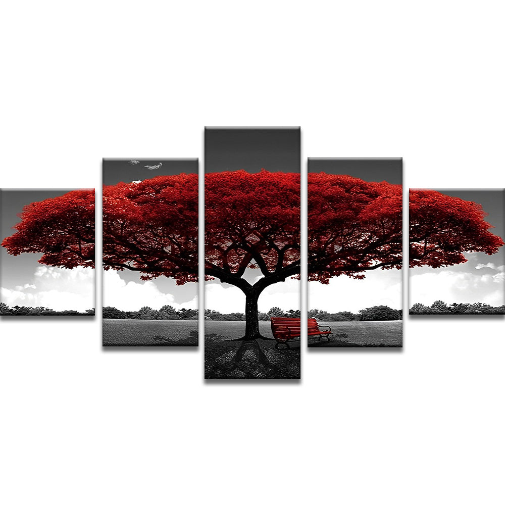 Arbre et Banc Rouges 5 Partie Peinture par Numéros