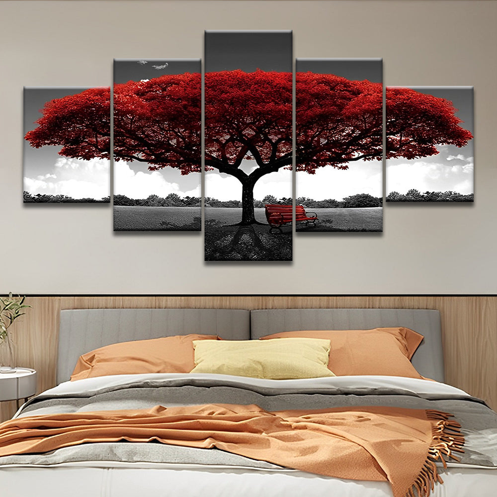 Arbre et Banc Rouges 5 Partie Peinture par Numéros