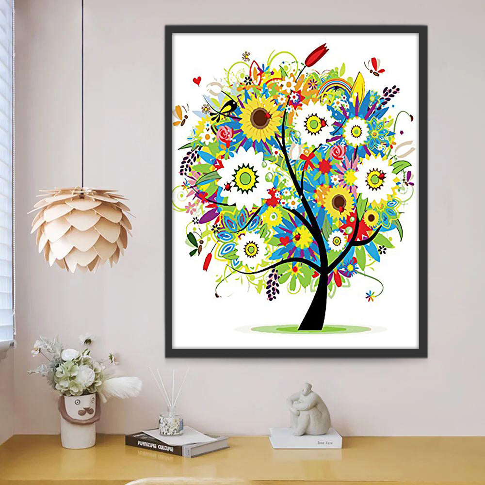 Arbre et Fleurs Blanches et Jaunes Peinture par Numéros