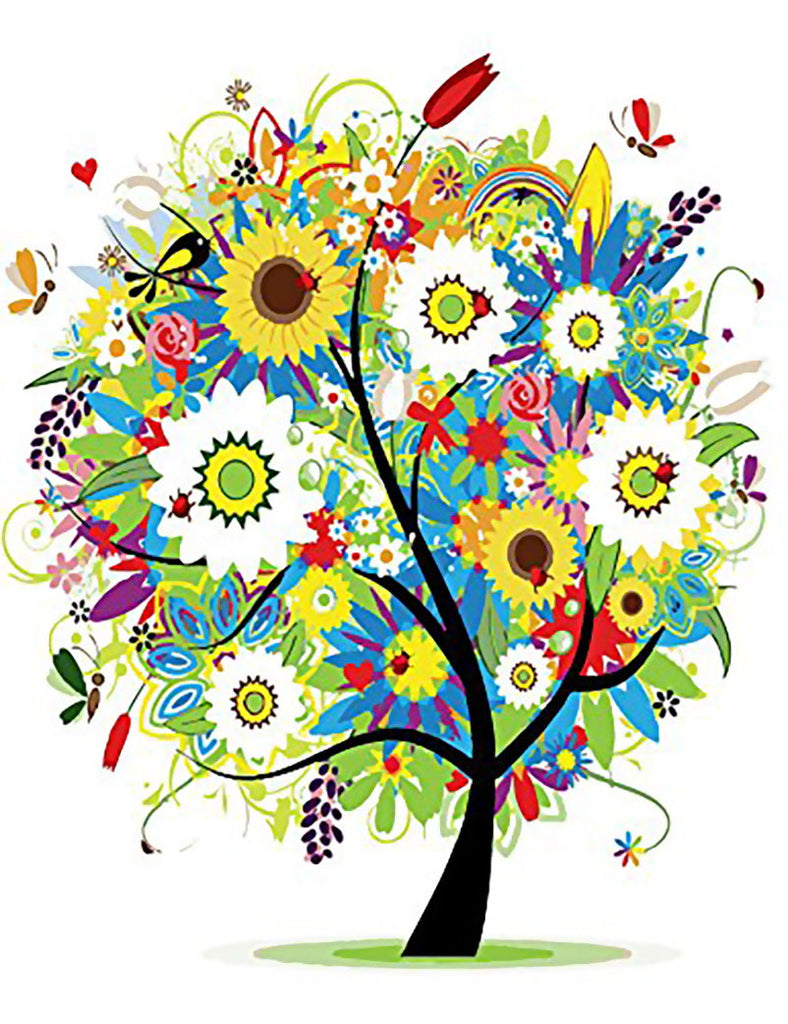Arbre et Fleurs Blanches et Jaunes Peinture par Numéros