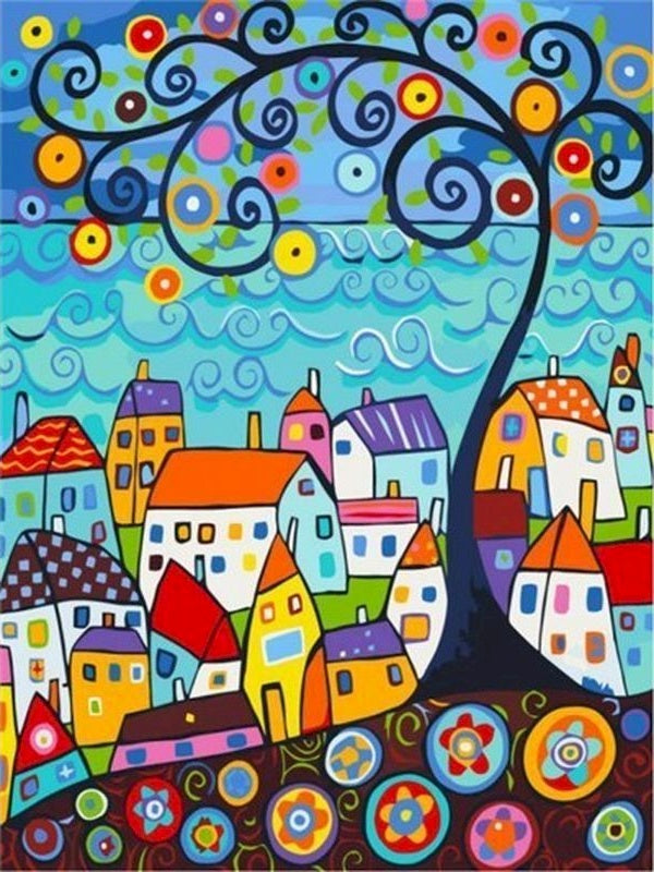 Arbre et Immeubles Abstrait Peinture par Numéros