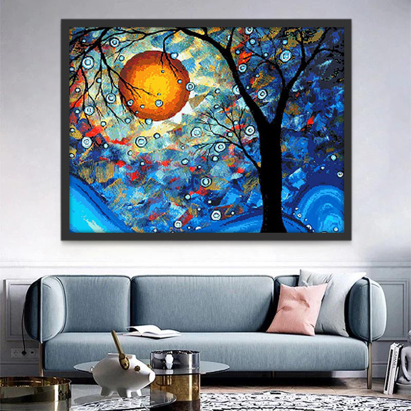 Arbre et Soleil Rouge Peinture par Numéros