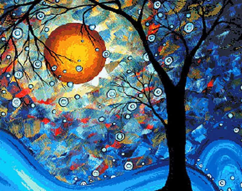 Arbre et Soleil Rouge Peinture par Numéros
