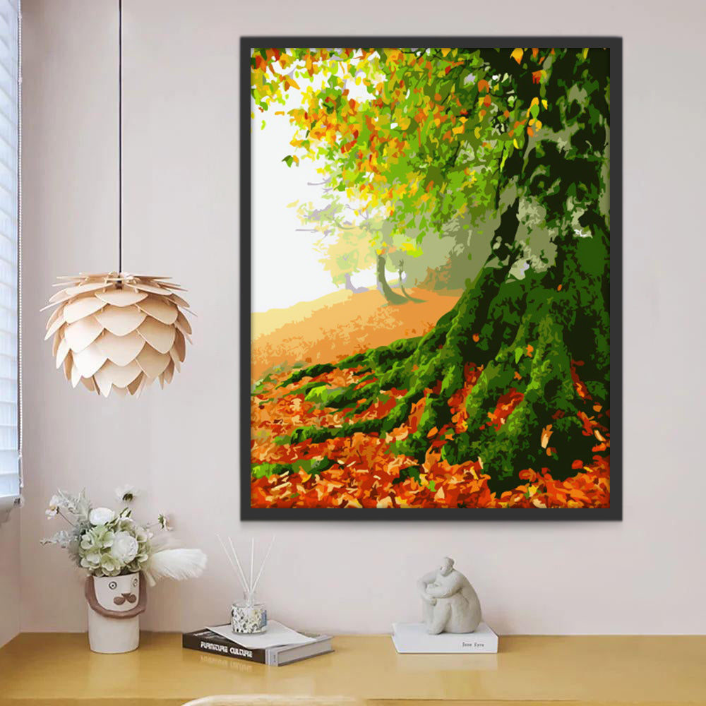 Arbre Vert et Feuilles Rouges Peinture par Numéros