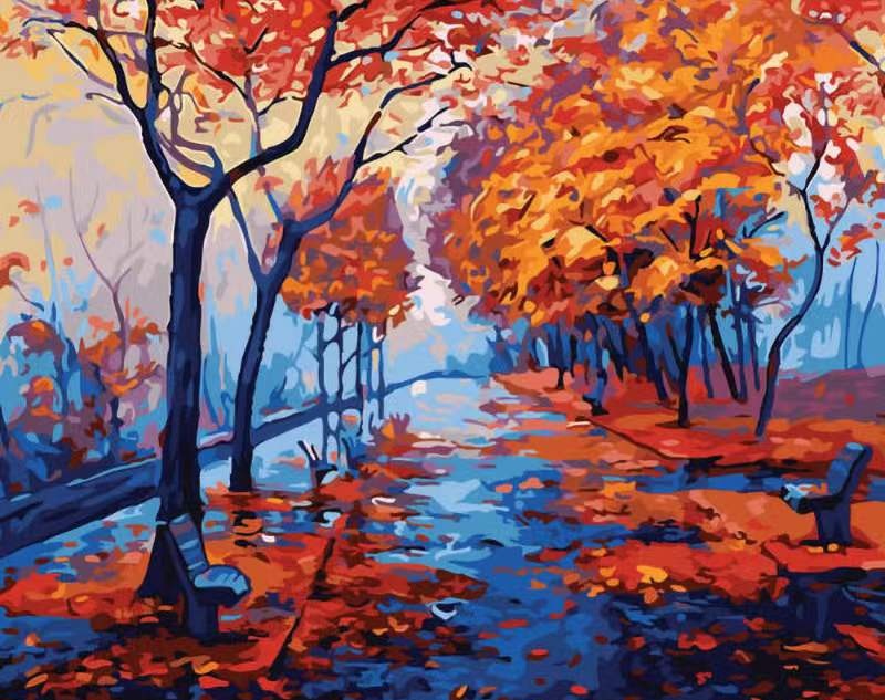 Arbres avec Fuilles Rouges Peinture par Numéros