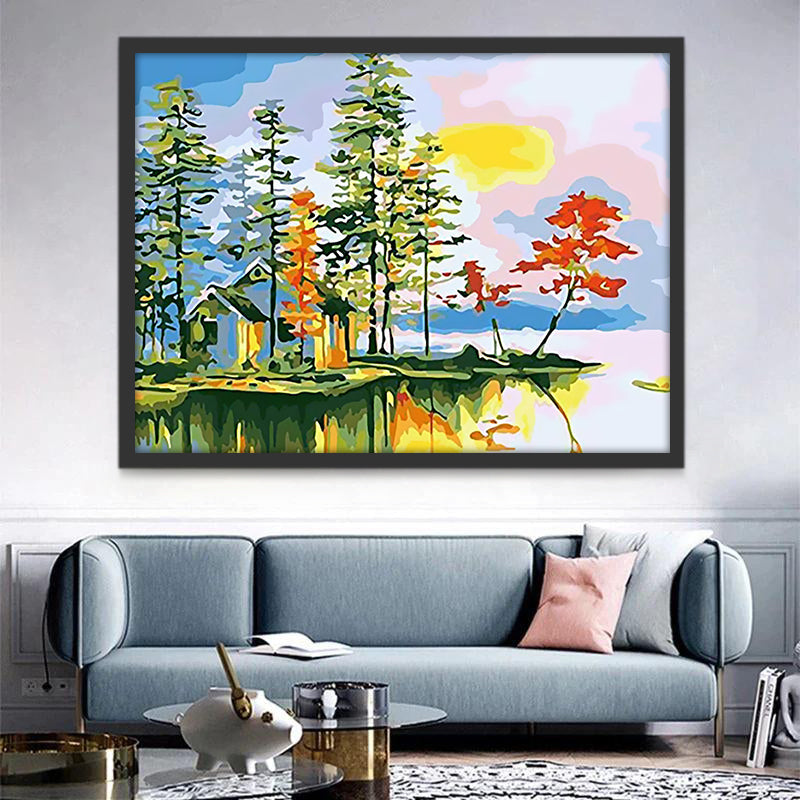 Arbres et Chalet au bord du Lac Peinture par Numéros