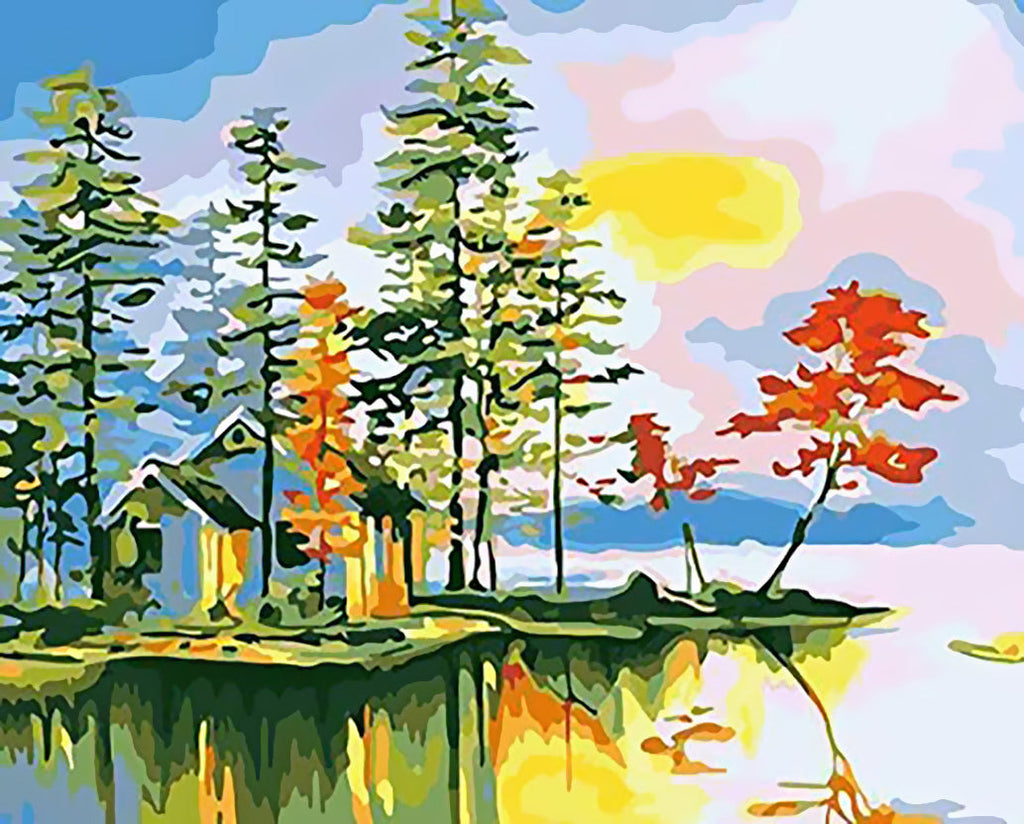 Arbres et Chalet au bord du Lac Peinture par Numéros