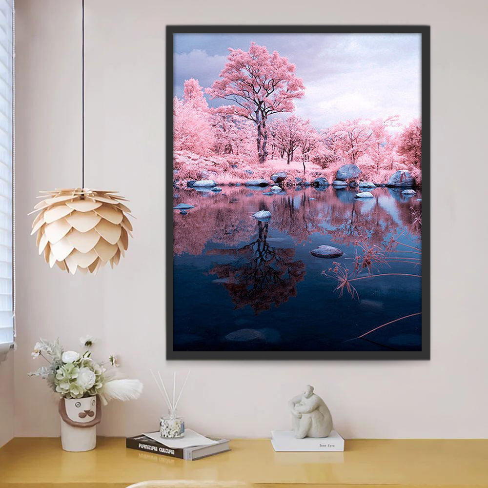 Arbres Roses et Lac Peinture par Numéros