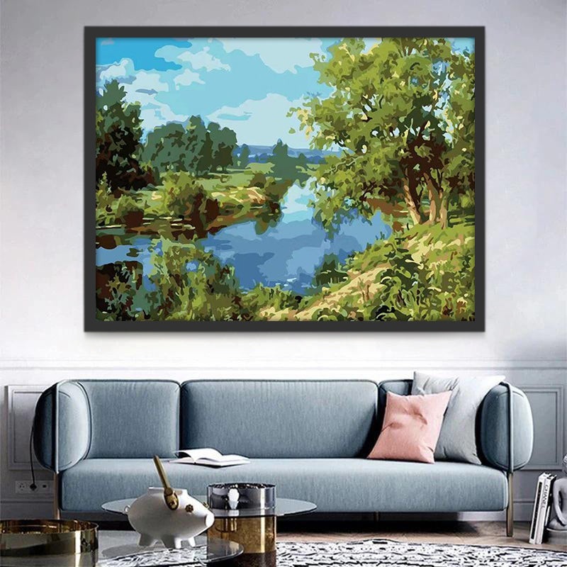 Arbres Verts et Rivière Peinture par Numéros