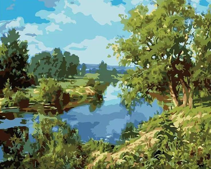 Arbres Verts et Rivière Peinture par Numéros
