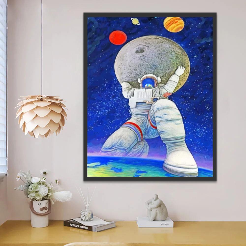 Astronaute Tenant Planète Levée Peinture par Numéros