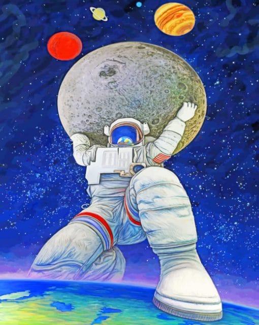 Astronaute Tenant Planète Levée Peinture par Numéros
