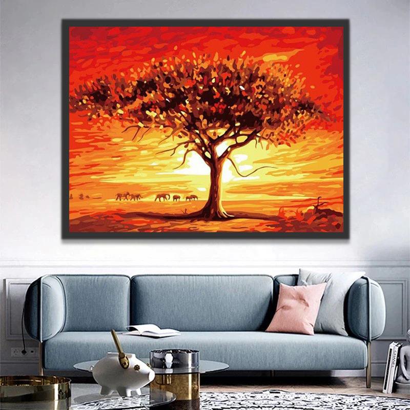 Baobab et Eléphants Peinture par Numéros