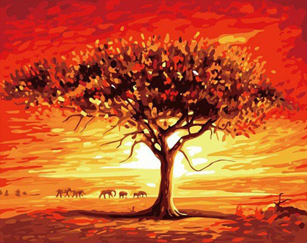 Baobab et Eléphants Peinture par Numéros
