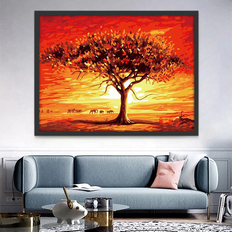 Baobab et Troupeaux d’Éléphants Peinture par Numéros