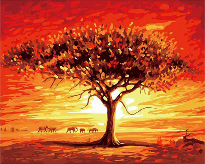 Baobab et Troupeaux d’Éléphants Peinture par Numéros